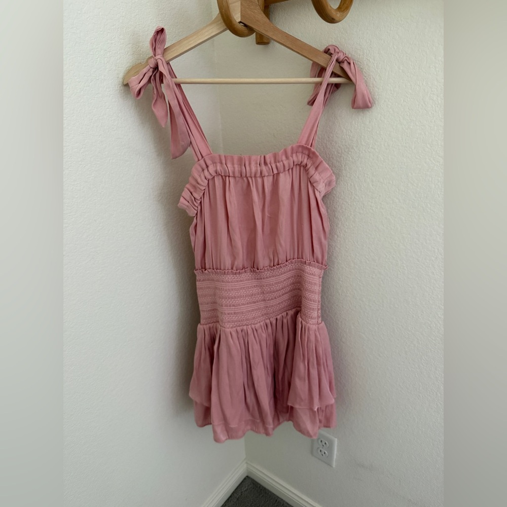Whimsical coquette pink satin tie bow shoulder romper smocked mini ruffle satin